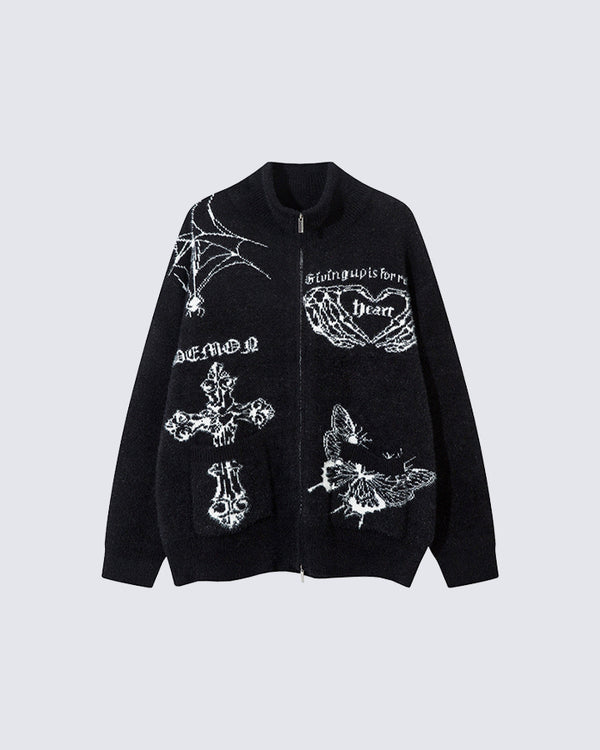 Gothic Letter Pattern Jacquard Knit Cardigan