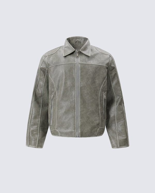 Heavy Washed PU Leather Biker Jacket