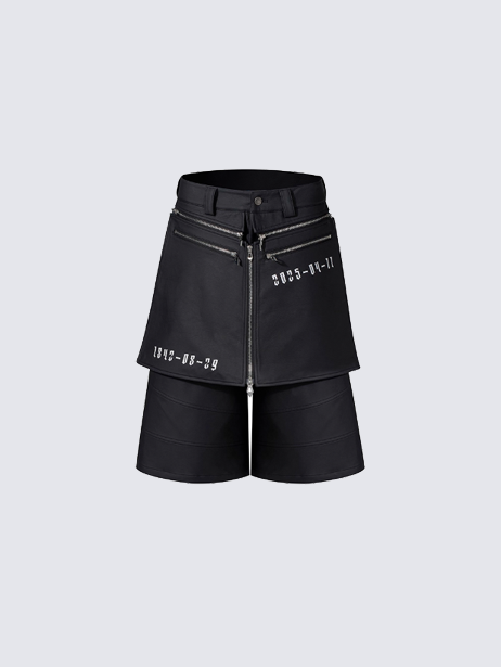 Multi-Zip Layered Techwear Shorts with Date Print