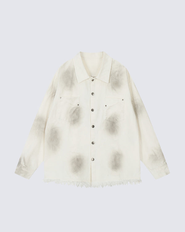 Fringed Hem, Cat Whisker Effect, Spray-Painted Distressed Long Sleeve Shirt