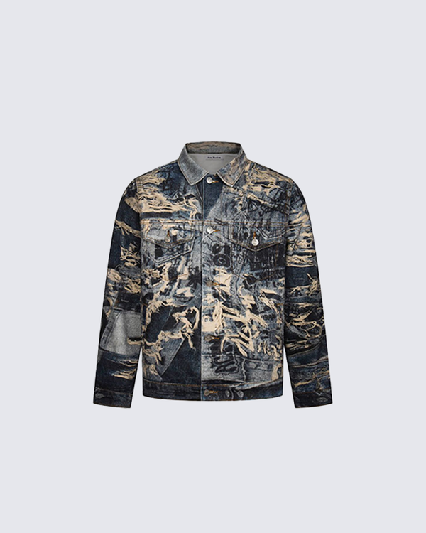 Distressed Graffiti Print Denim Jacket