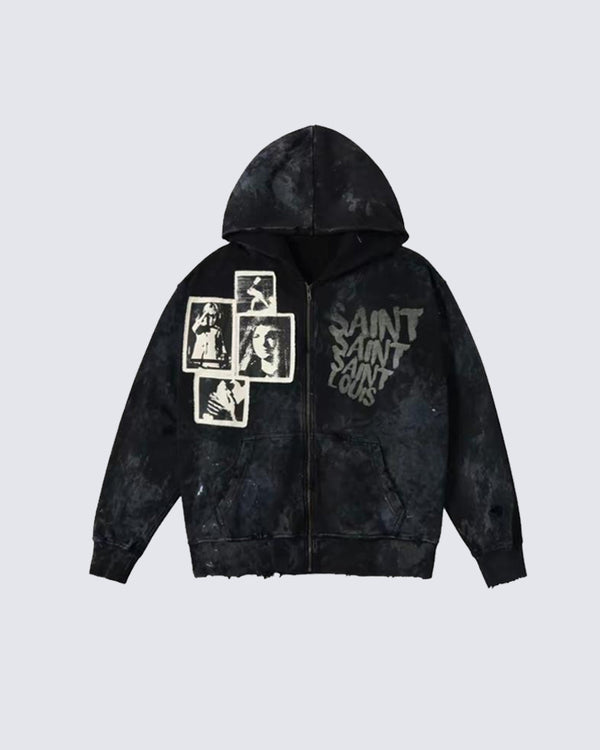 Portrait Patch Letter Graphic Distressed Zip-Up Hoodie