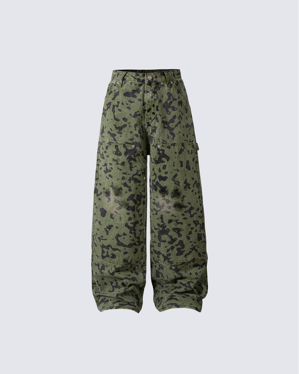 Green Camo Wide-Leg Denim Pants