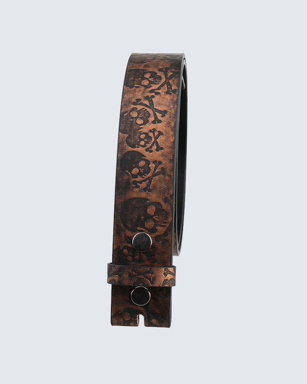 Punk Skull Pattern Leather Belt Strap – No Buckle Design (Bronze / Coffee / Grey)