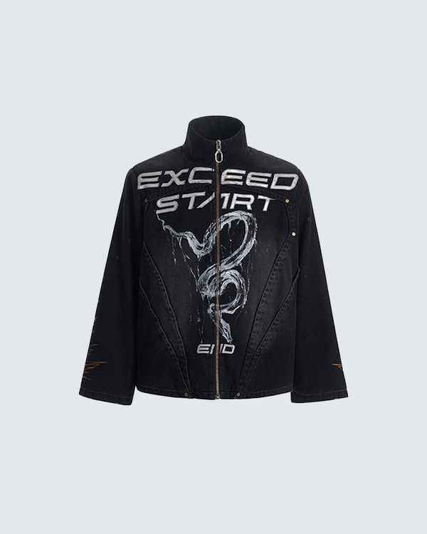 Graphic Black Zip-Up Jacket