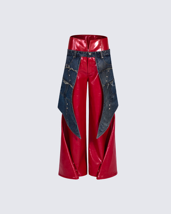 Retro Patchwork Red PU Pants