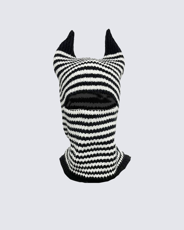 Striped Horn Knit Balaclava Hat