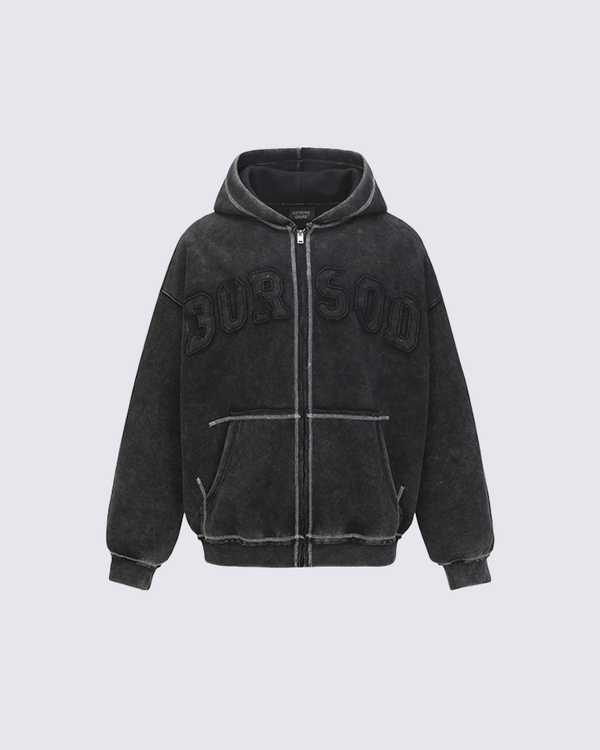 Vintage Washed Letter Patch Zip Hoodie
