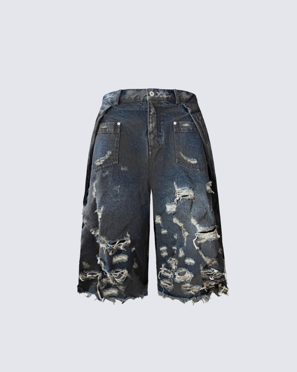 Destroyed Raw-Hem Denim Bermuda Shorts