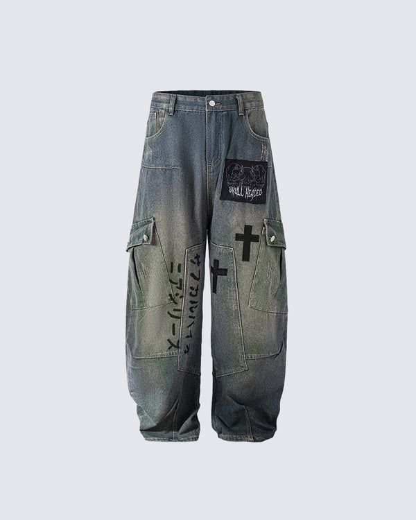 Dark Graffiti Patchwork Cargo Jeans