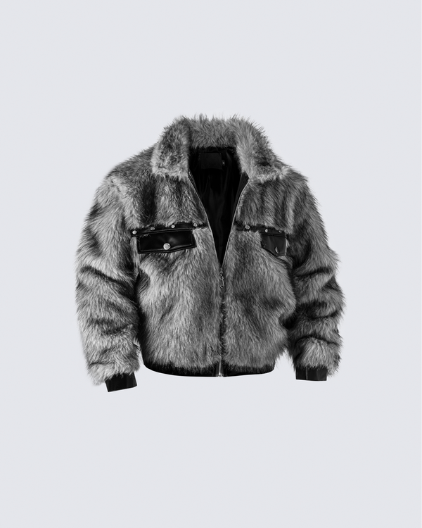 Faux Fur Bomber Jacket with Leather Details