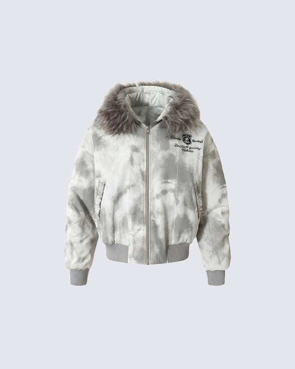 Tie-Dye Faux Fur Collar Cotton Jacket