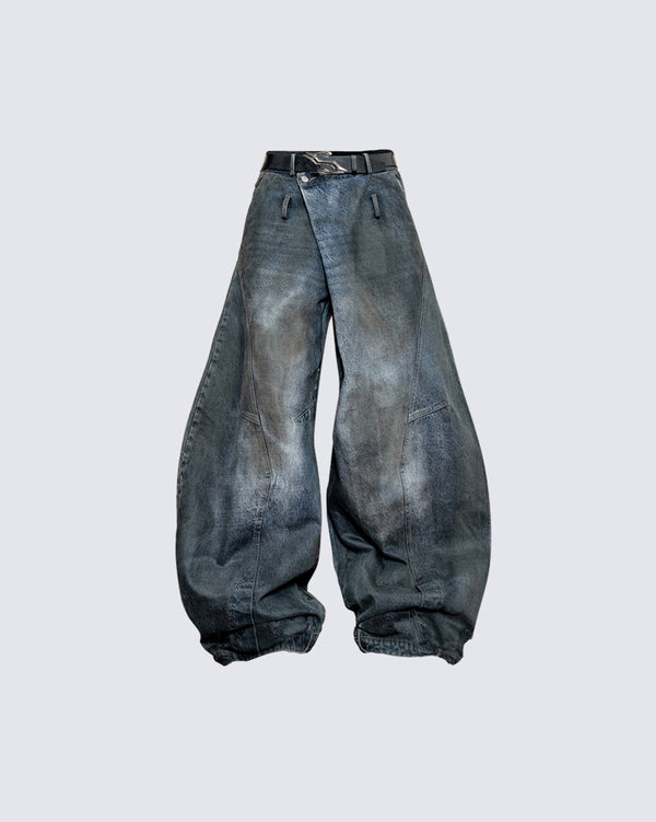 Washed Reverse-Waist Wide-Leg Jeans
