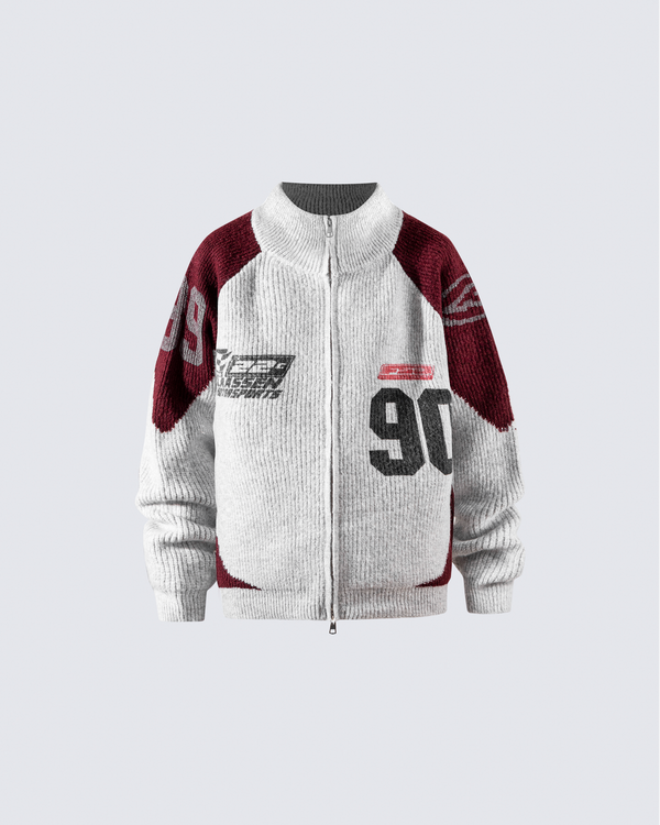 Retro Graphic Zip-Up Knit Jacket