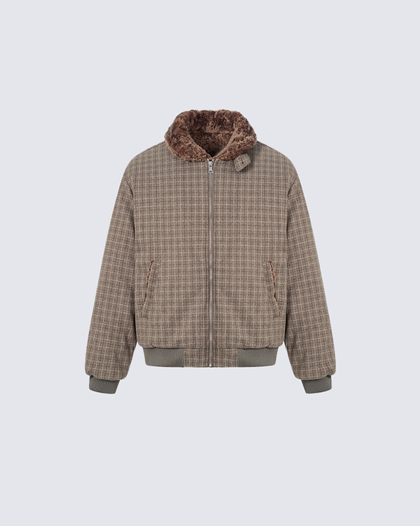 laid Bomber Jacket with Faux Fur Collar