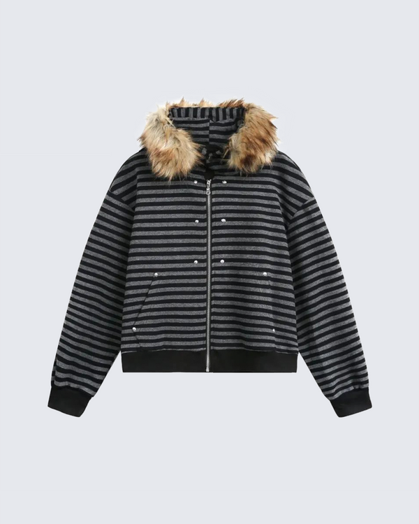 Striped Faux Fur Hooded Jacket