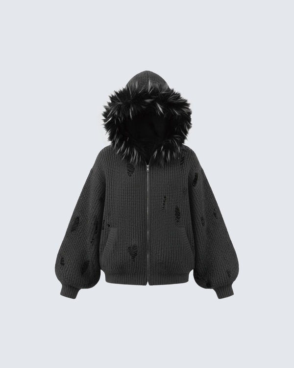 KIIKIO Destroyed Knitted Sweater Plush Coat