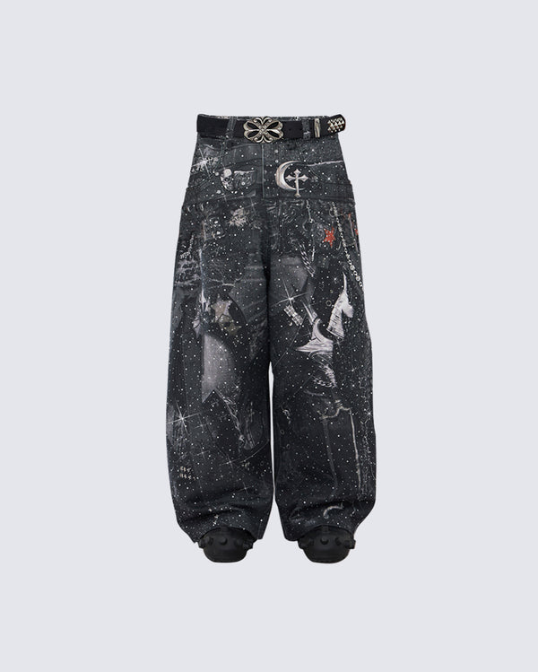 Galactic Chain-Detail Rhinestone Denim Pants – Nebula Core Edition
