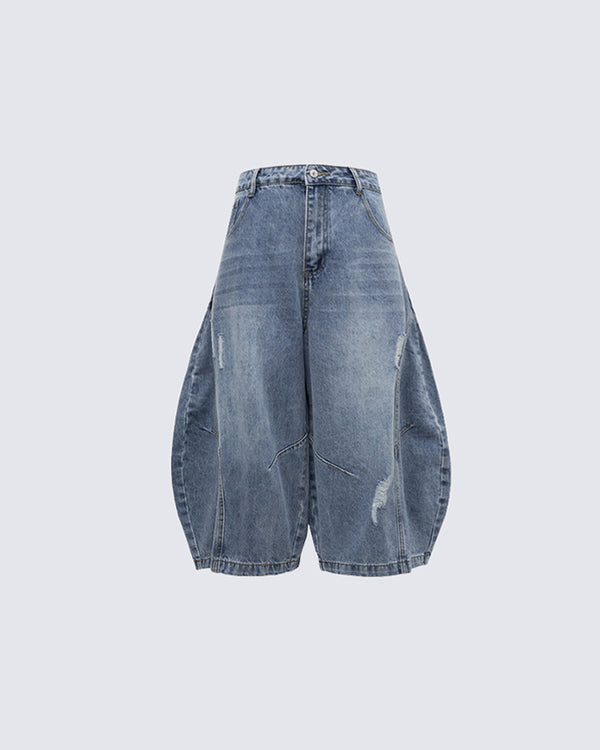 Distressed Wide-Leg Denim Shorts