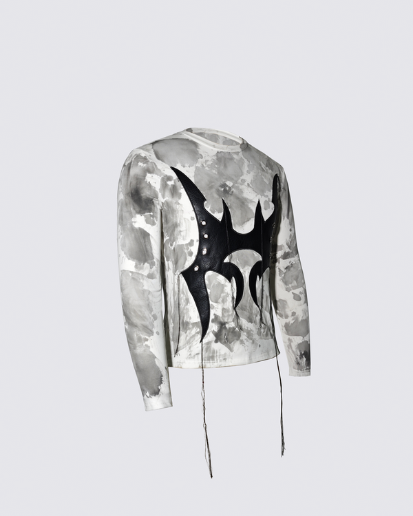 Abstract Leather & Eyelet Cut-Out Long-Sleeve Shirt