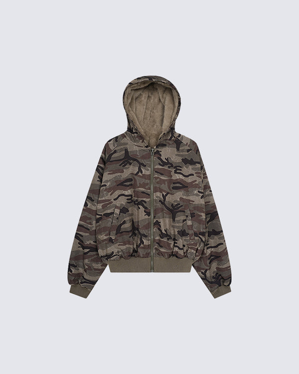 Faux Fur Hooded Camouflage Cotton Padded  Coats