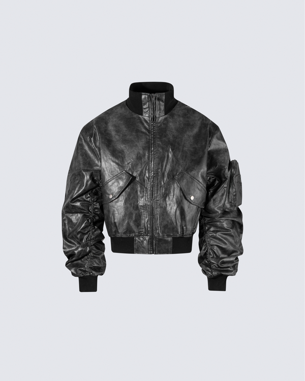 Padded Faux Leather Bomber Jacket