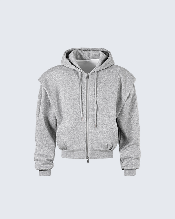 Shoulder-Padded Cropped Oversized Zip-Up Hoodie