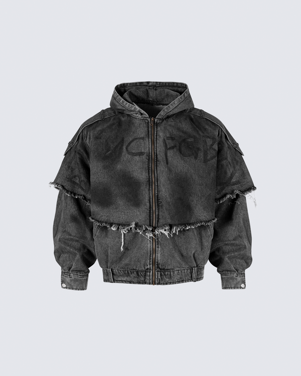 Washed Denim Layered Hoodie Jacket