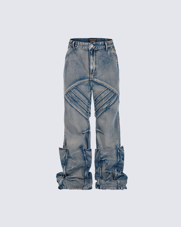 Distressed Zipper Detail Wide-Leg Denim Pants
