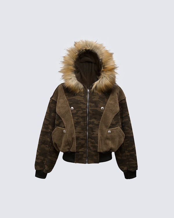 Camouflage Faux Fur Hooded Jacket
