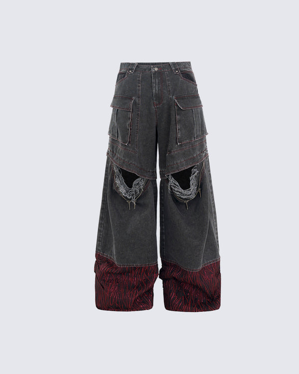 Edgy Denim Cargo Pants with Distressed Detail