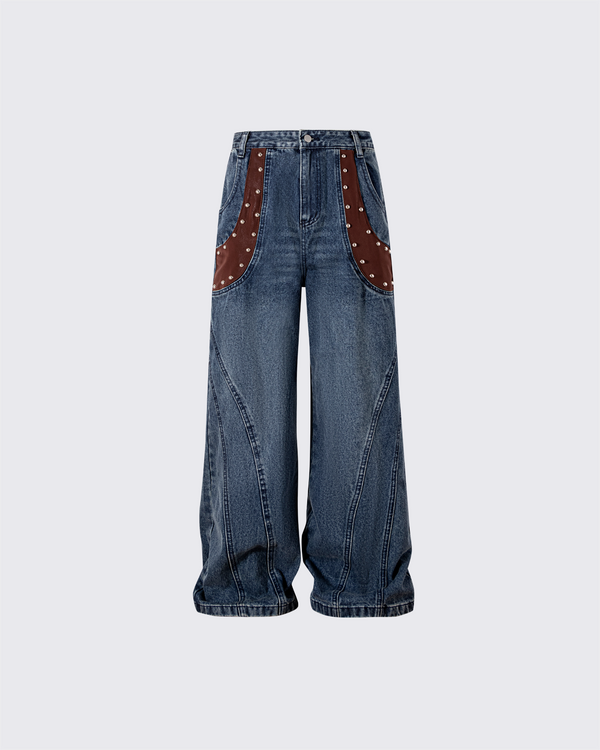 Leather Patch Pocket with Studded Detail Denim Pants