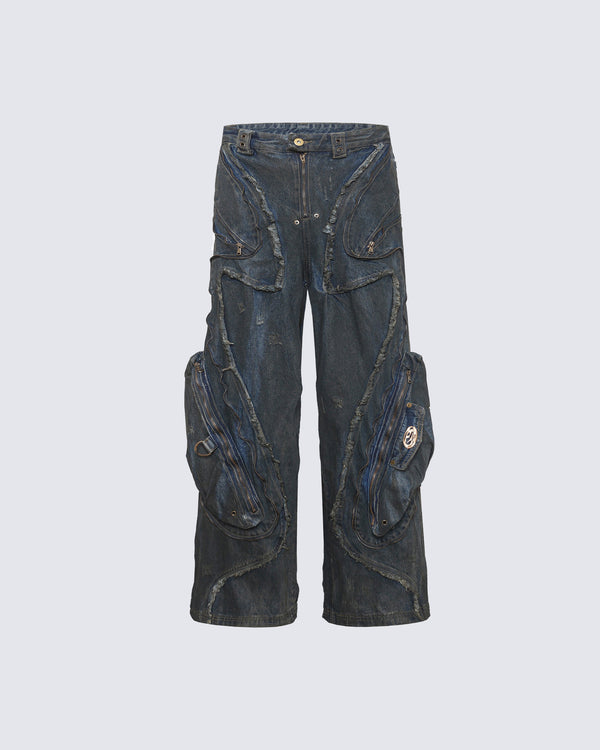 Heavy-Duty Multi-Pocket Patchwork Denim Pants