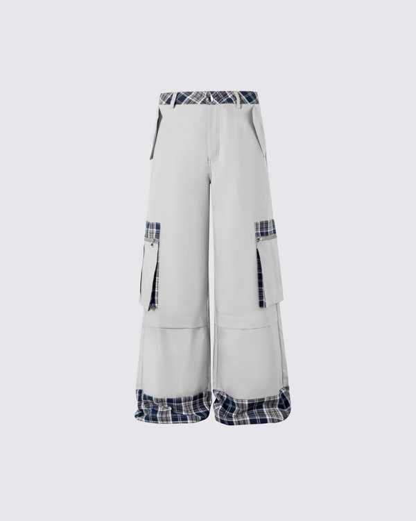 Plaid Panel Wide-Leg Cargo Pants