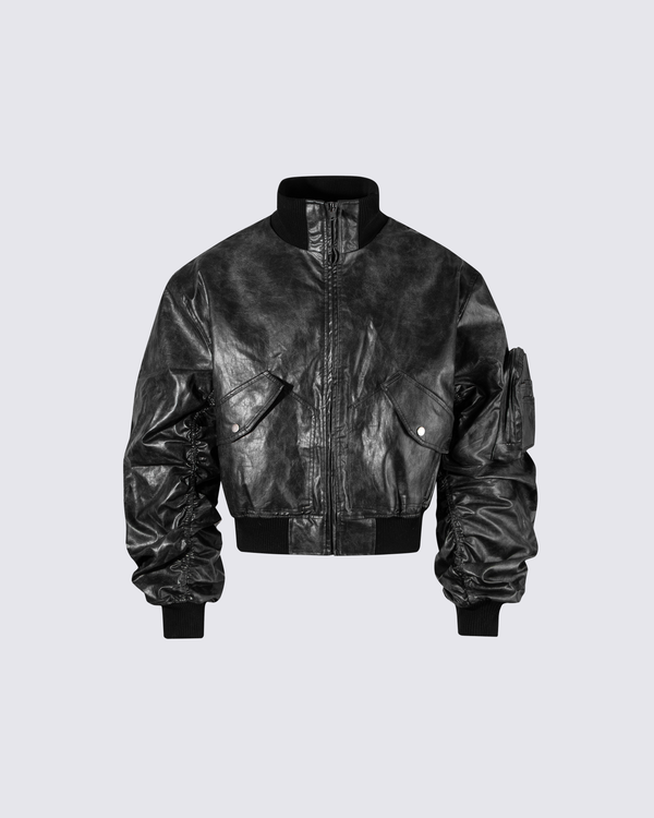 Padded Faux Leather Bomber Jacket
