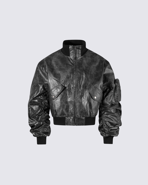 Padded Faux Leather Bomber Jacket