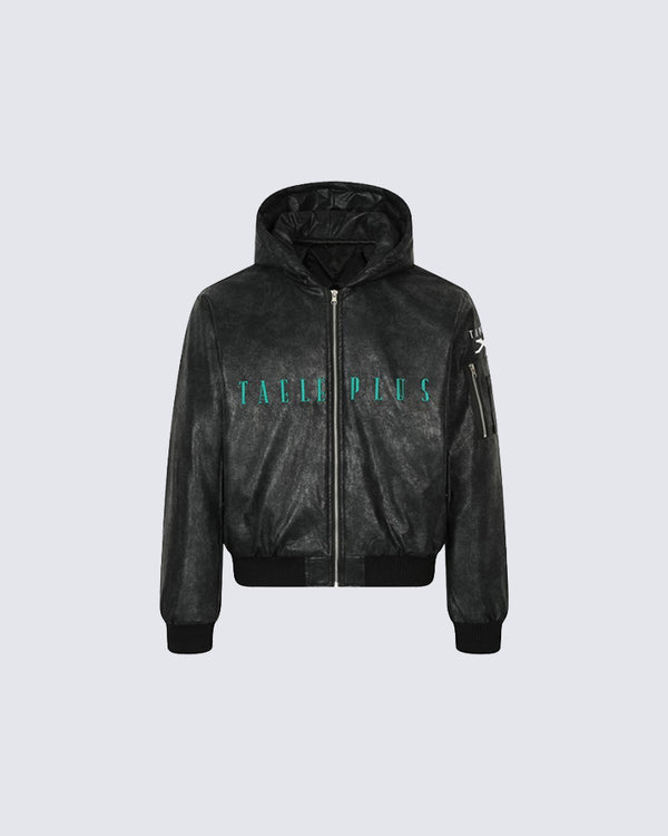 Cracked PU Leather Hooded Padded Jacket