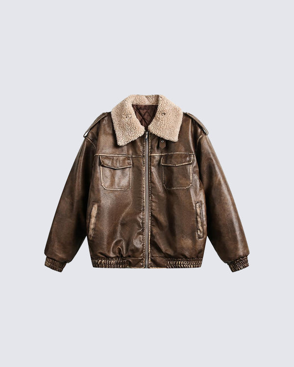 Faux Leather Shearling Collar Jacket