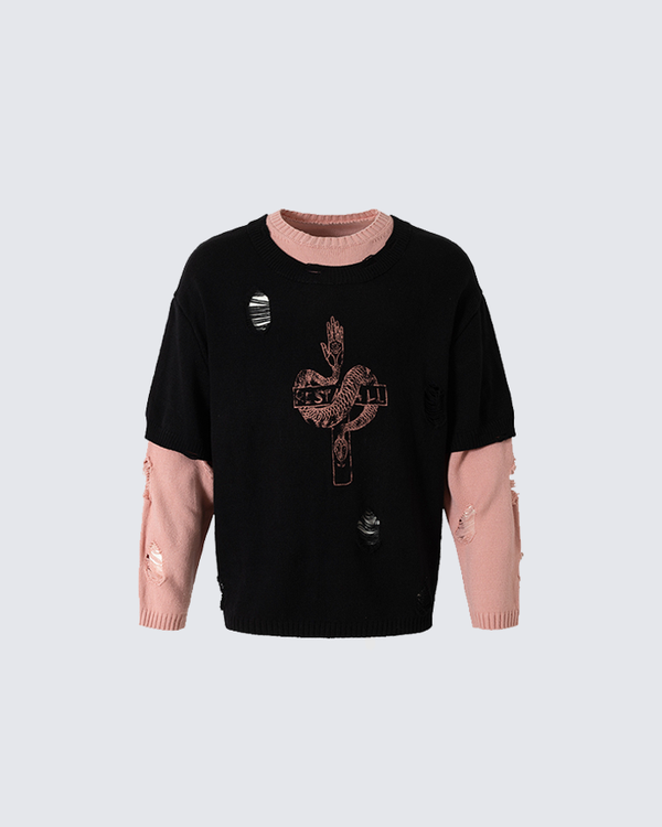 Distressed Layered Knit Graphic Pullover