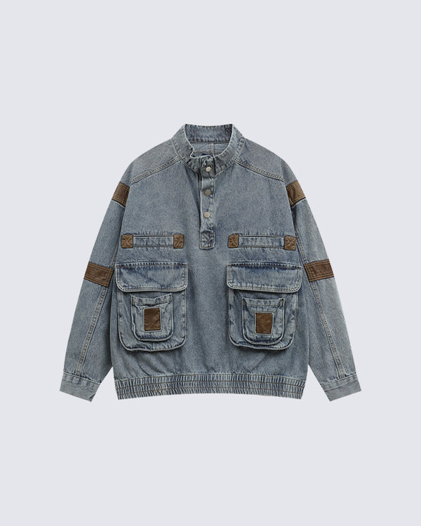 Vintage Workwear Half-Zip Denim Jacket