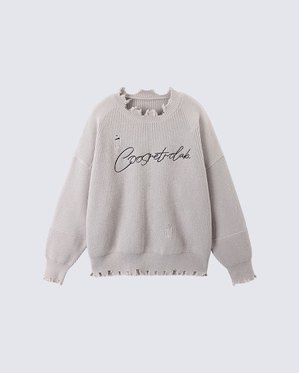 Letter Embroidered Distressed Knit Sweater