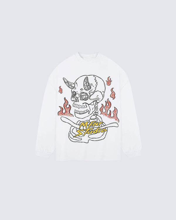 Vintage Flame Skull Print Long Sleeve T-Shirt