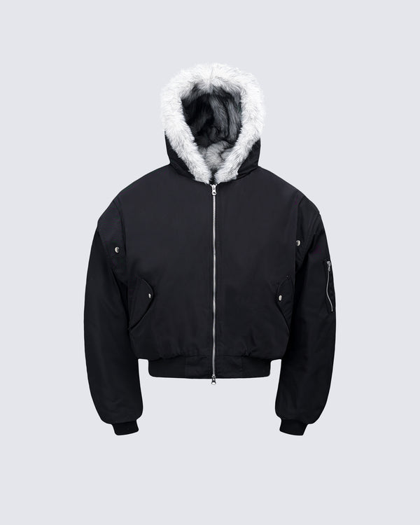 Reversible Faux Fur Hooded Bomber Jacket