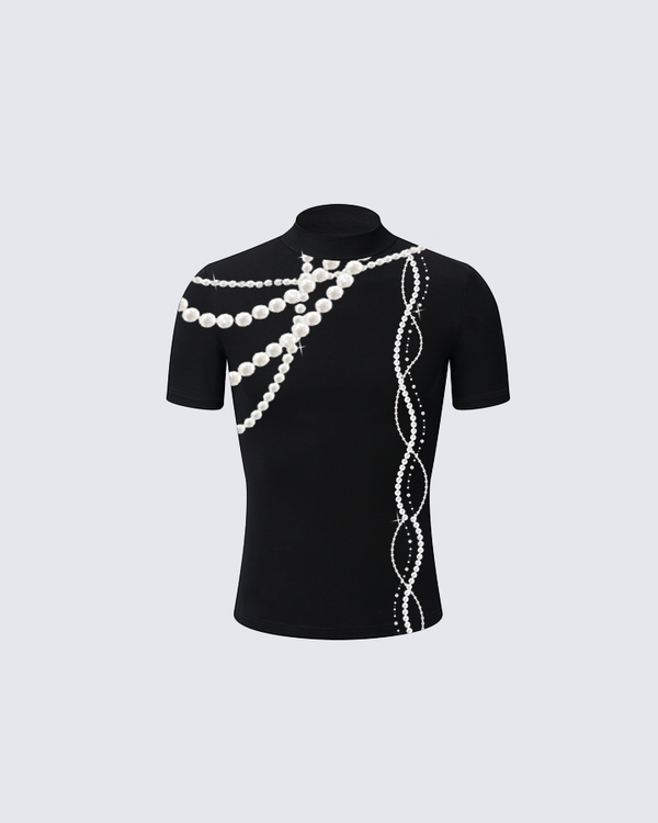 【KIIKIO Mirage】Pearl Chain Printed Black T-Shirt
