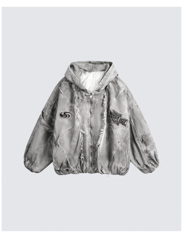 Distressed Embroidered Padded Hooded Jacket
