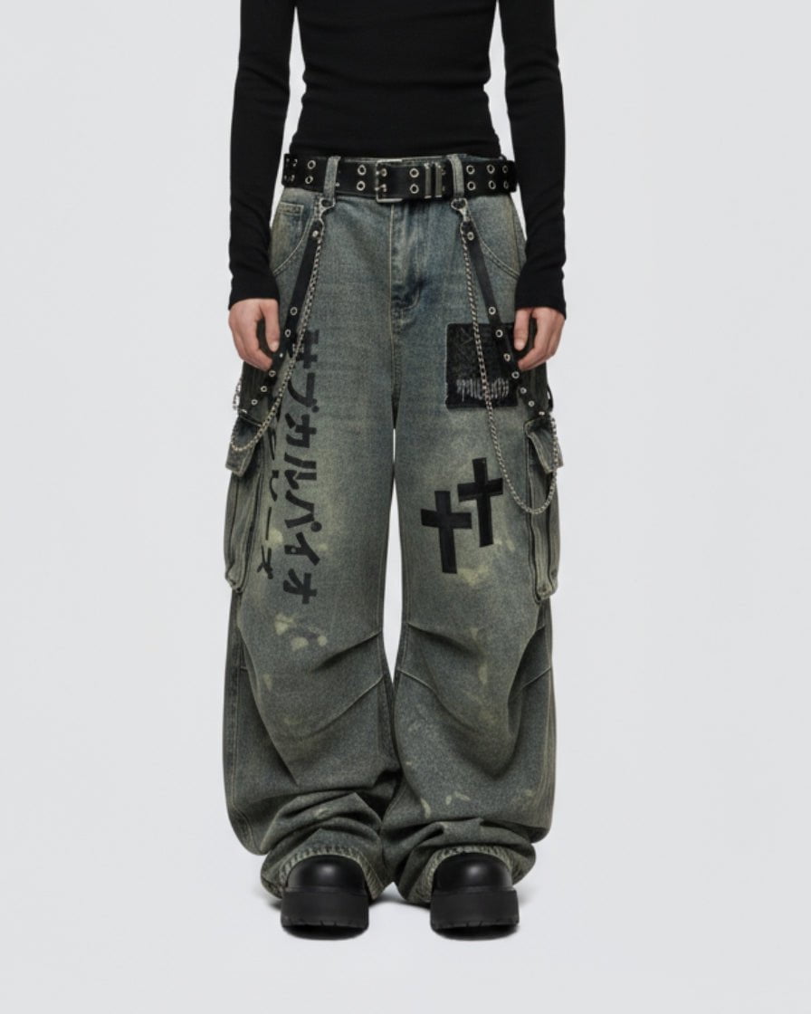 Dark Graffiti Patchwork Cargo Jeans - Y2K Streetwear & Gothic