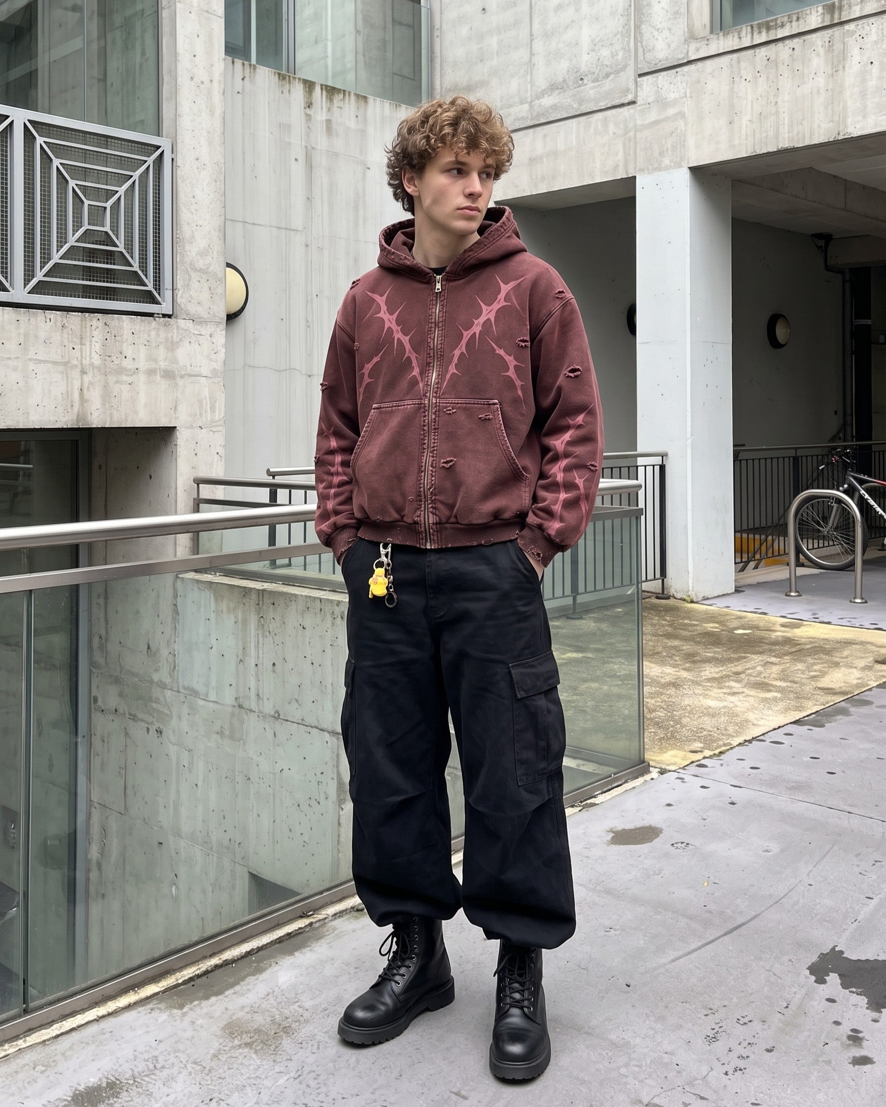 トップス kii KIIKIO Faded Burgundy Distressed Zip-Up Hoodie