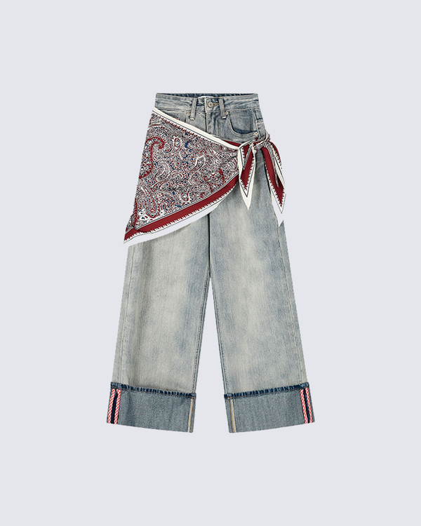 Paisley Bandana Denim Pants with Ribbon