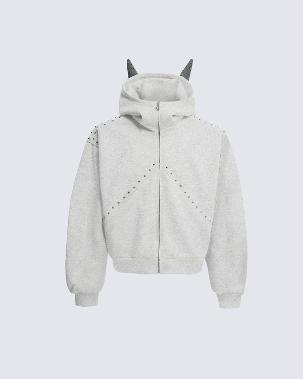 Horned Studded Zip-Up Hoodie with Ear Detail