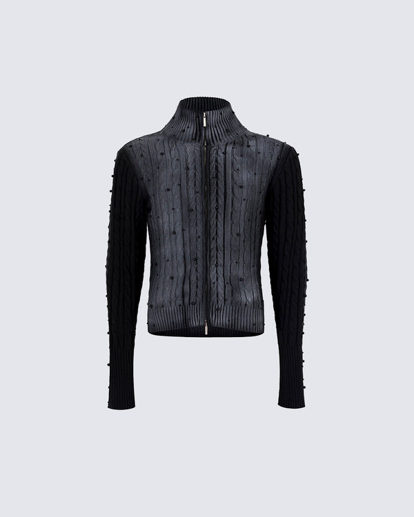 Gradient Black Cable Zip Knit Sweater